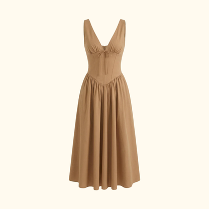 Sukienka midi damska z głębokim dekoltem V i bez rękawów-Midi Dress-Olave