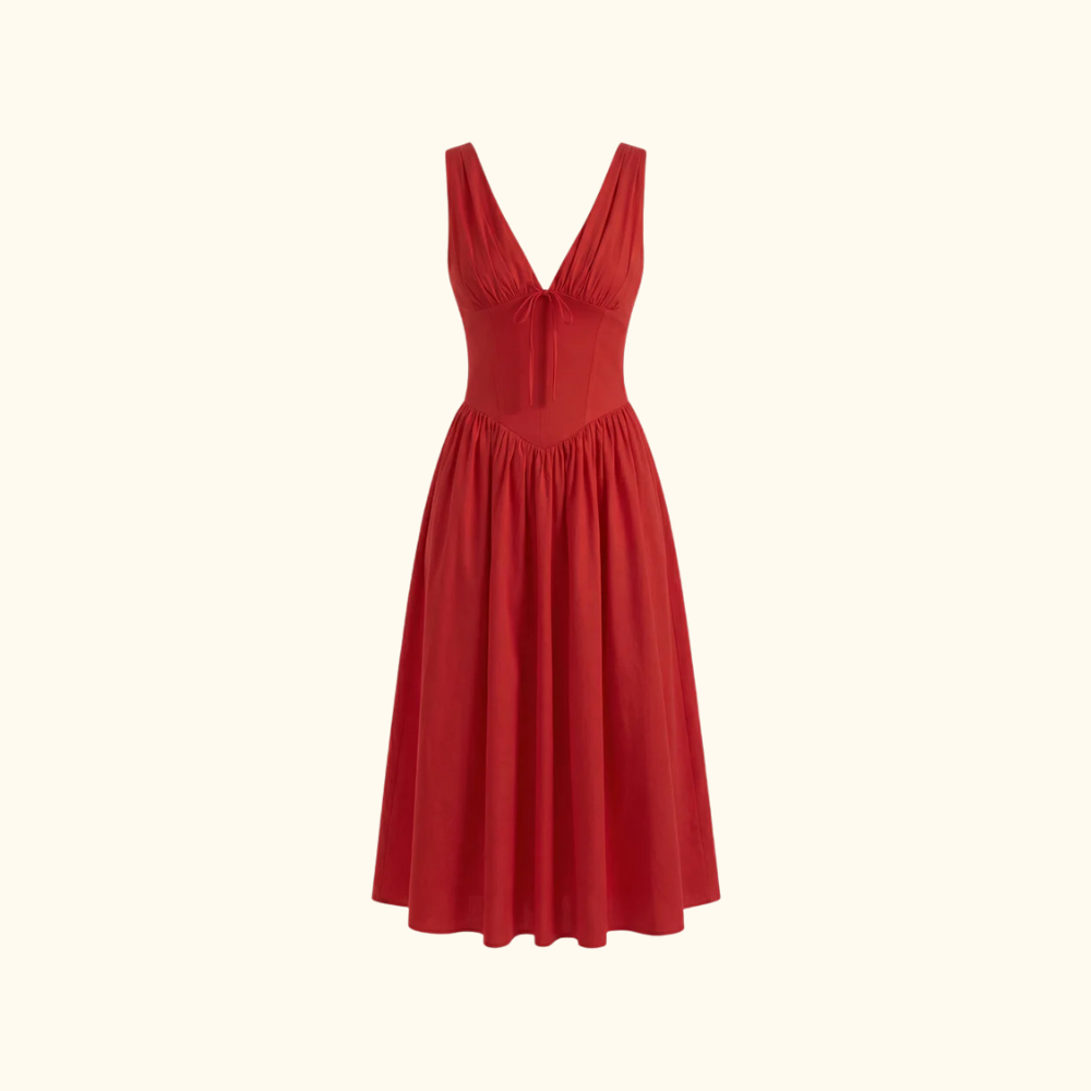 Sukienka midi damska z głębokim dekoltem V i bez rękawów-Midi Dress-Olave