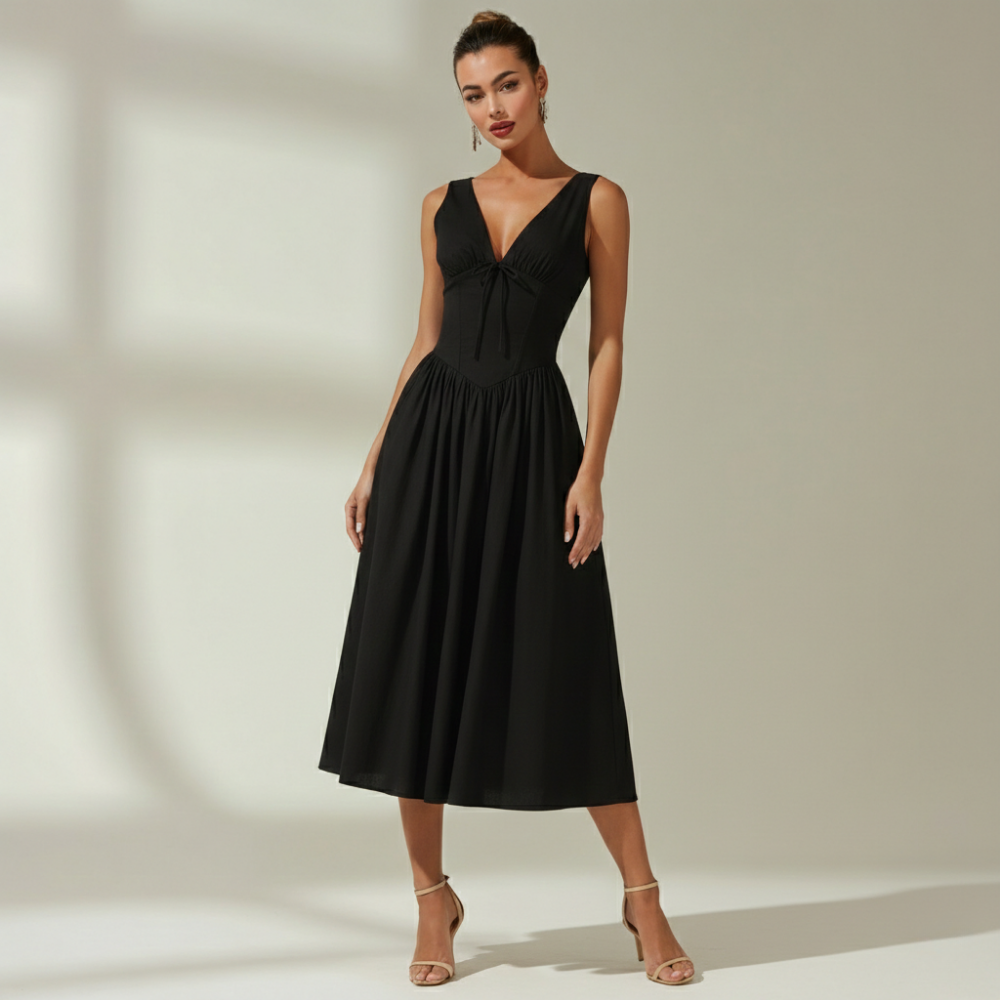 Sukienka midi damska z głębokim dekoltem V i bez rękawów-Midi Dress-Olave