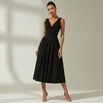 Sukienka midi damska z głębokim dekoltem V i bez rękawów-Midi Dress-Olave