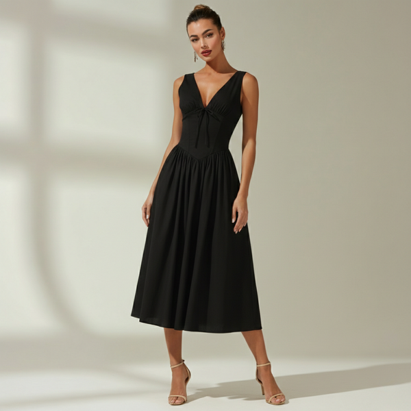 Sukienka midi damska z głębokim dekoltem V i bez rękawów-Midi Dress-Olave