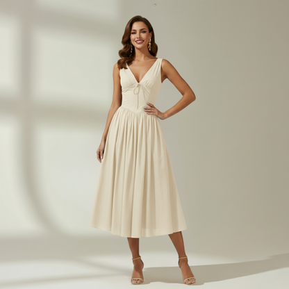 Sukienka midi damska z głębokim dekoltem V i bez rękawów-Midi Dress-Olave