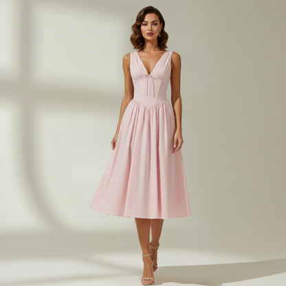 Sukienka midi damska z głębokim dekoltem V i bez rękawów-Midi Dress-Olave