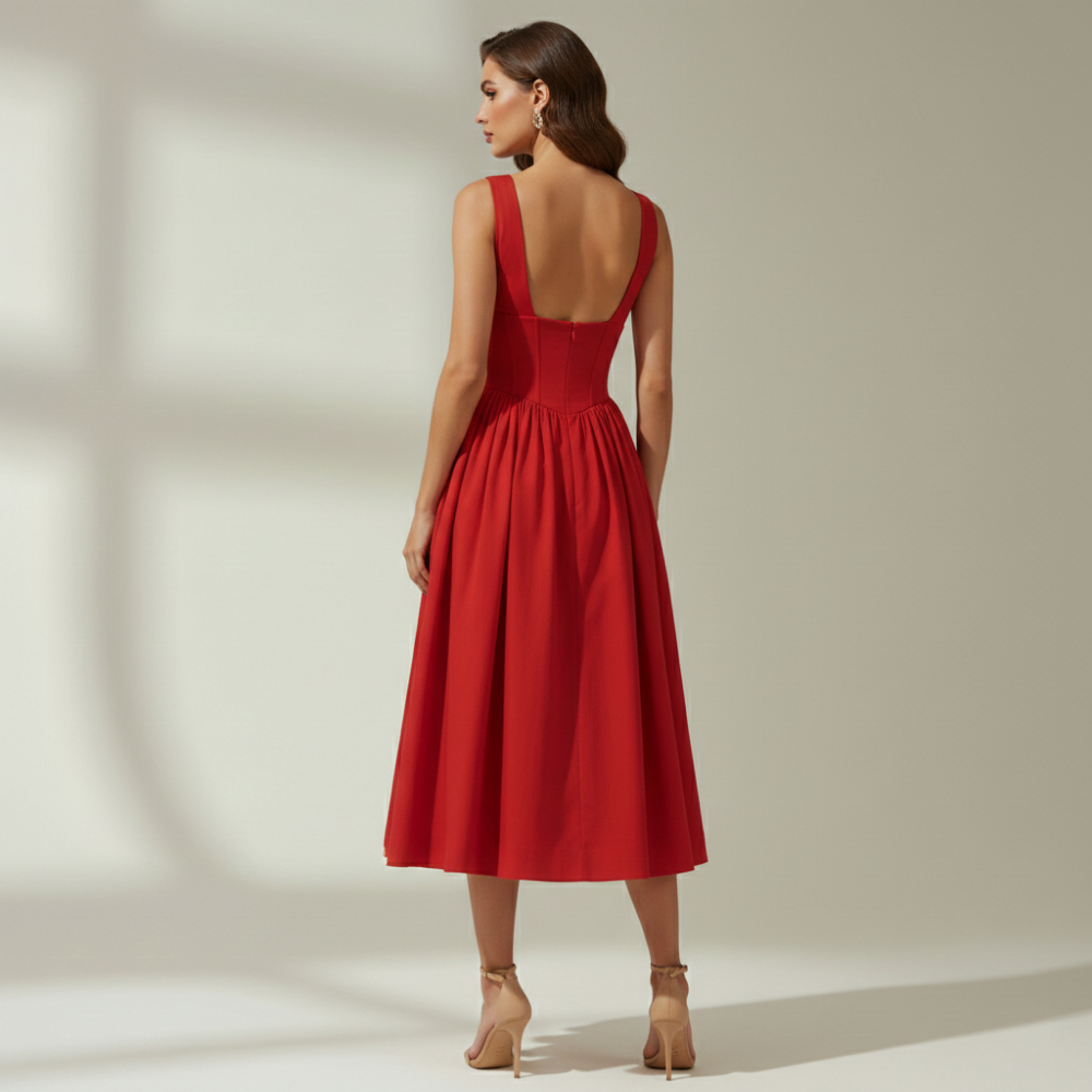 Sukienka midi damska z głębokim dekoltem V i bez rękawów-Midi Dress-Olave