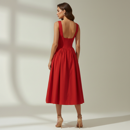 Sukienka midi damska z głębokim dekoltem V i bez rękawów-Midi Dress-Olave