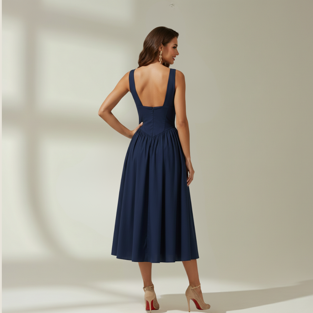 Sukienka midi damska z głębokim dekoltem V i bez rękawów-Midi Dress-Olave
