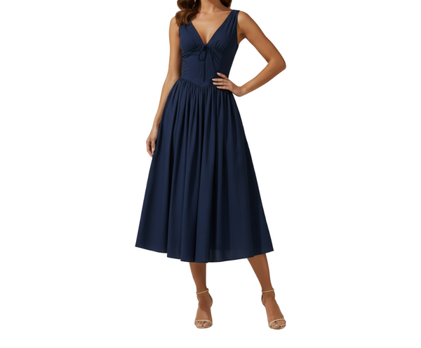 Sukienka midi damska z głębokim dekoltem V i bez rękawów-Midi Dress-Olave