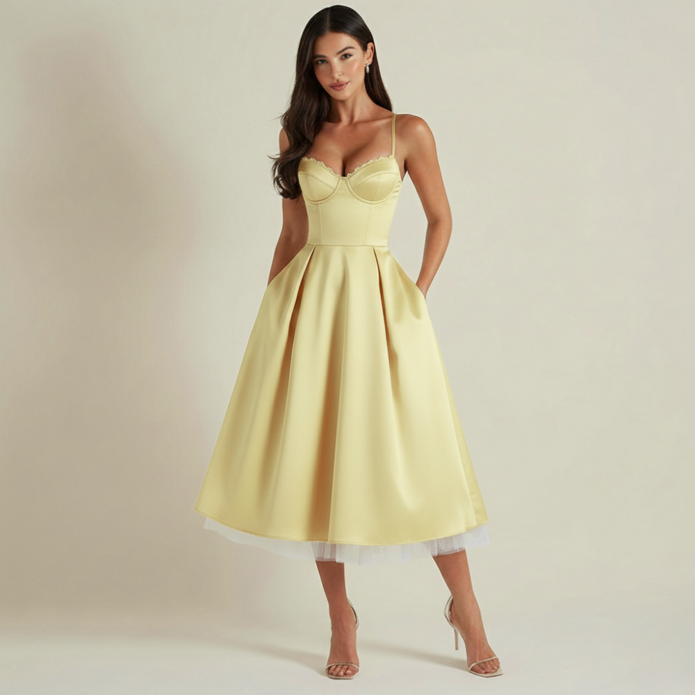 Sukienka midi damska z gorsetową górą i cienkimi ramiączkami-Midi Dress-Olave