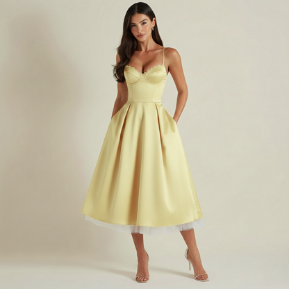 Sukienka midi damska z gorsetową górą i cienkimi ramiączkami-Midi Dress-Olave