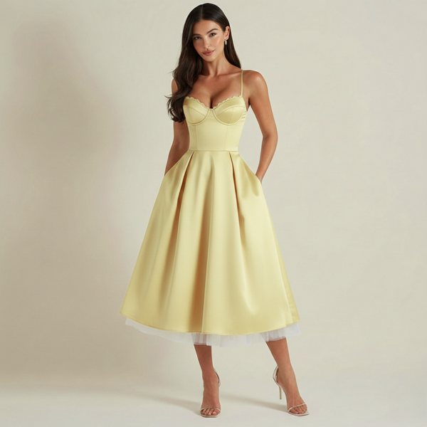 Sukienka midi damska z gorsetową górą i cienkimi ramiączkami-Midi Dress-Olave