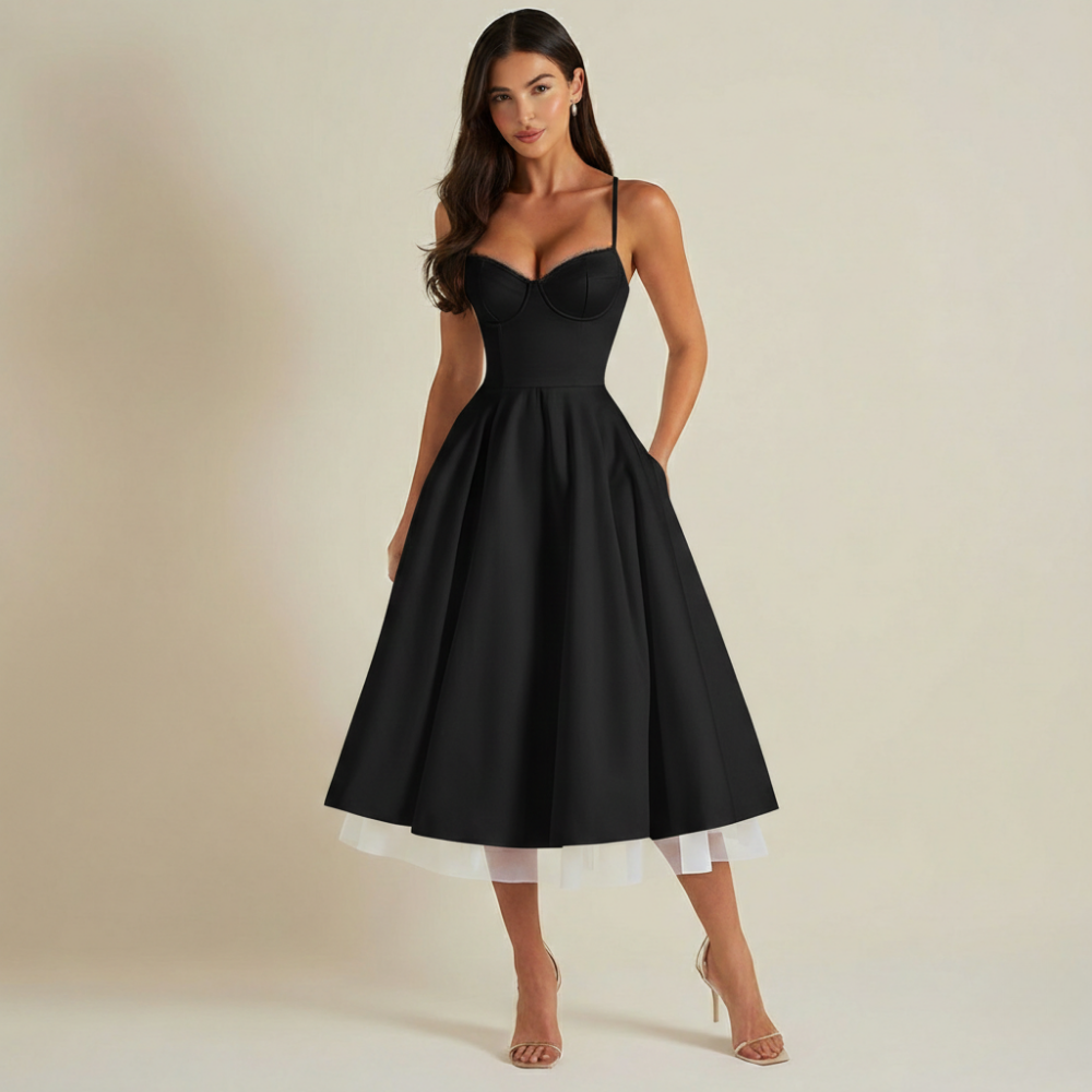 Sukienka midi damska z gorsetową górą i cienkimi ramiączkami-Midi Dress-Olave