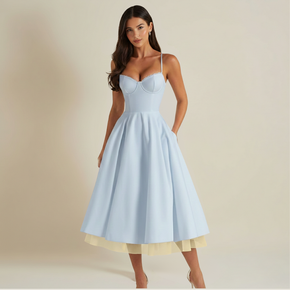 Sukienka midi damska z gorsetową górą i cienkimi ramiączkami-Midi Dress-Olave
