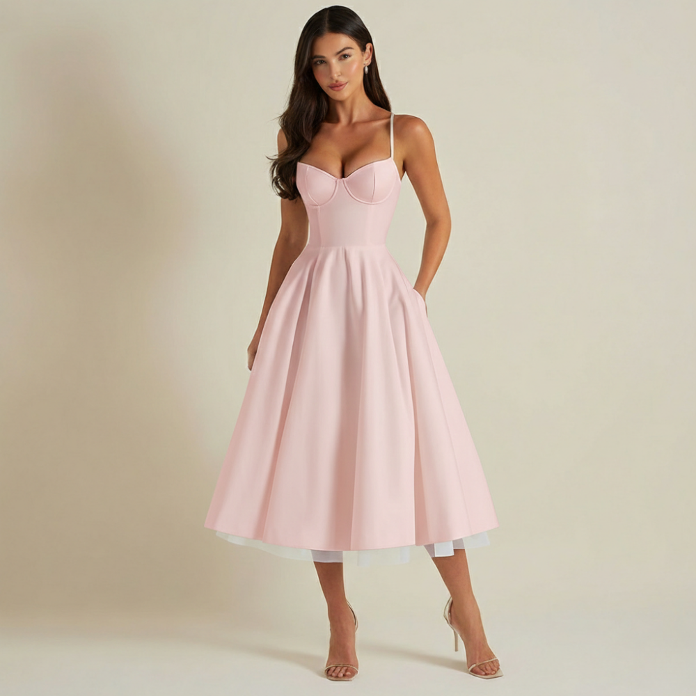 Sukienka midi damska z gorsetową górą i cienkimi ramiączkami-Midi Dress-Olave