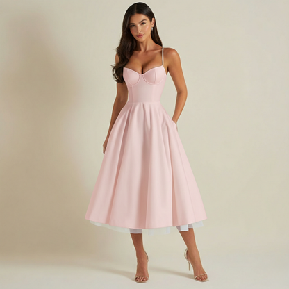 Sukienka midi damska z gorsetową górą i cienkimi ramiączkami-Midi Dress-Olave