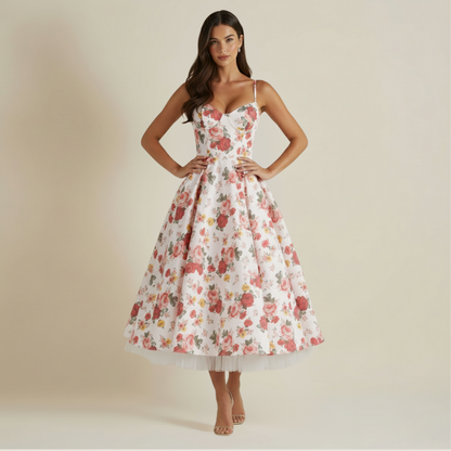 Sukienka midi damska z gorsetową górą i cienkimi ramiączkami-Midi Dress-Olave