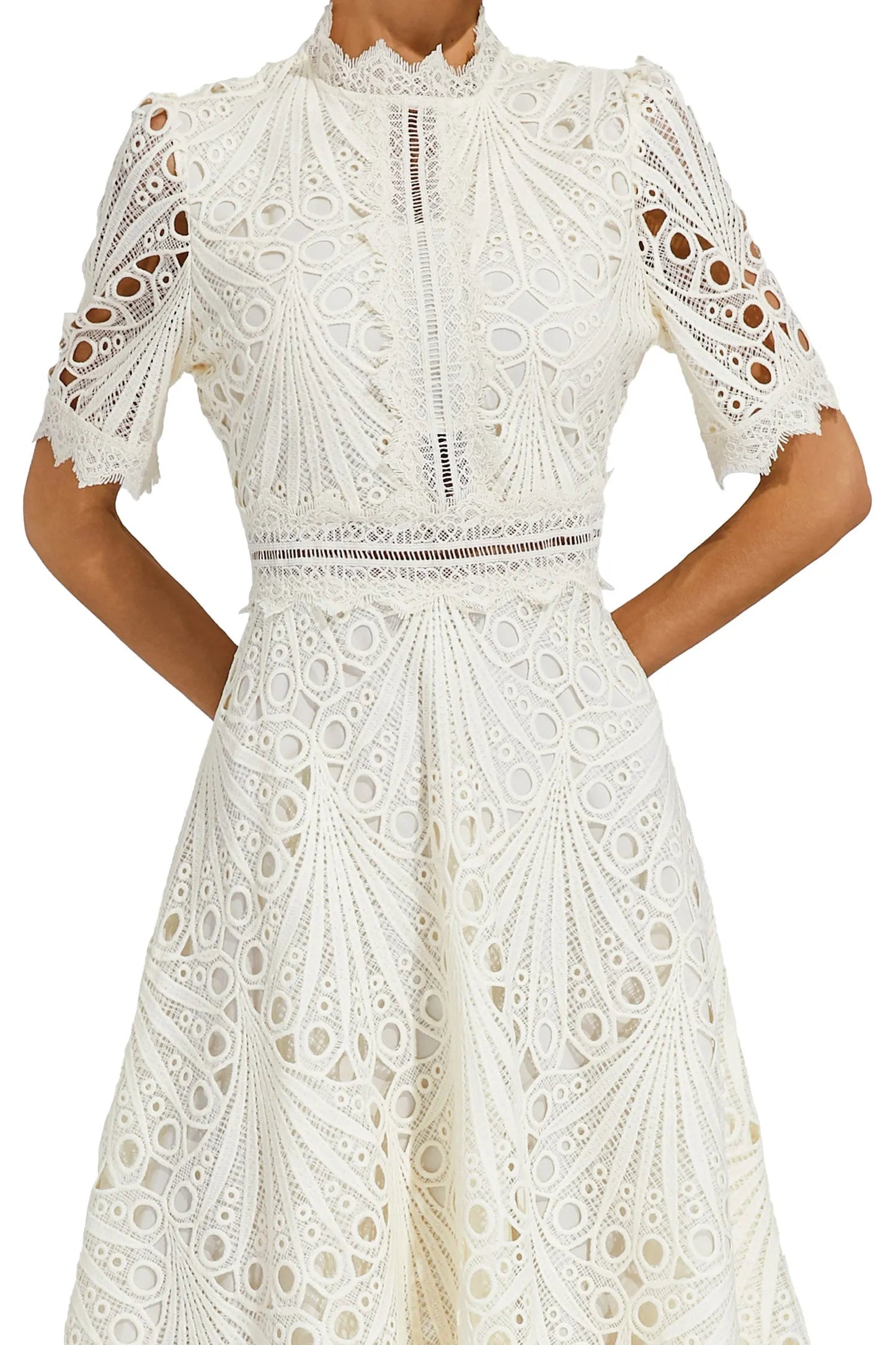 Sukienka midi damska z koronkową strukturą i wysokim kołnierzem-Midi Dress-Olave