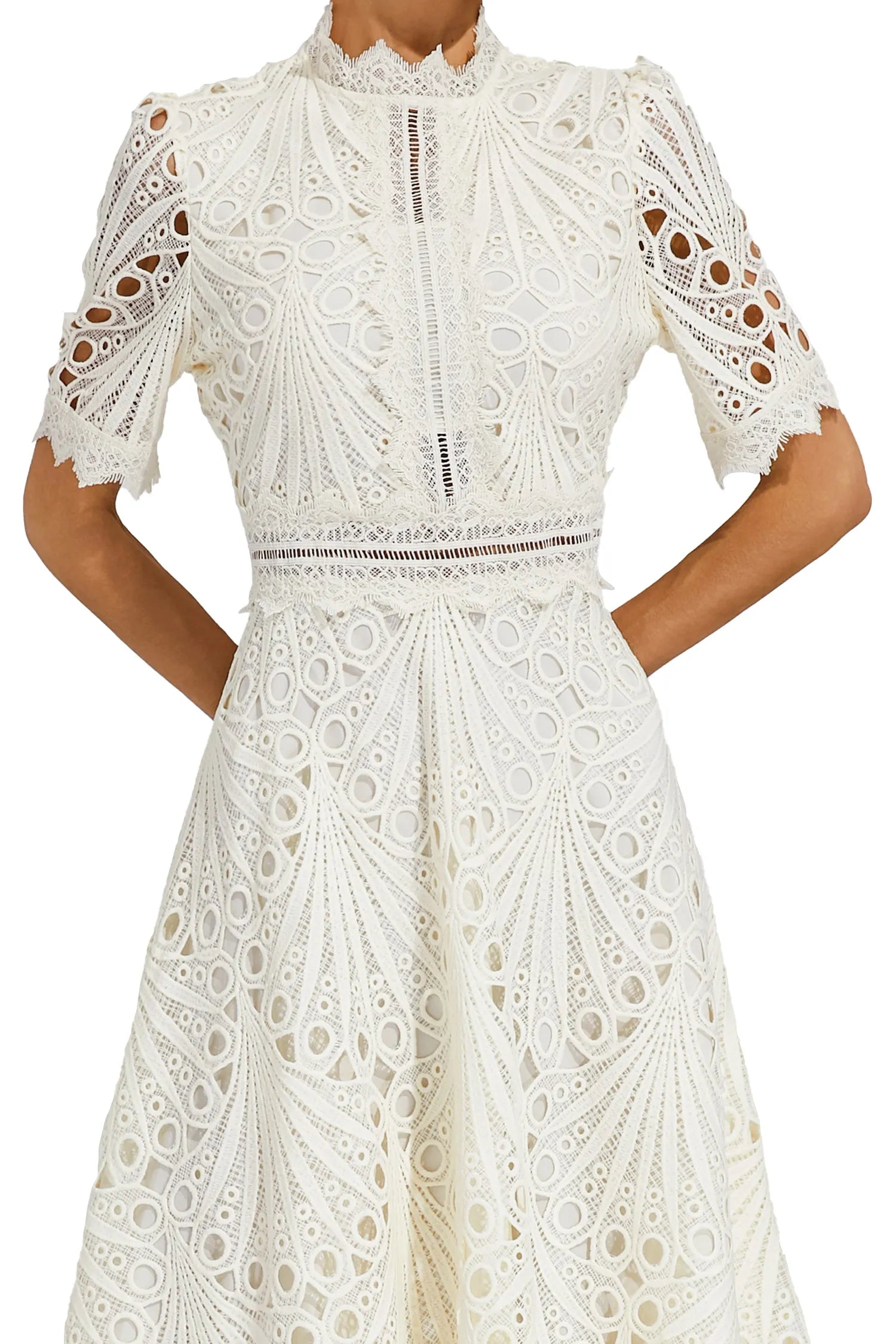 Sukienka midi damska z koronkową strukturą i wysokim kołnierzem-Midi Dress-Olave