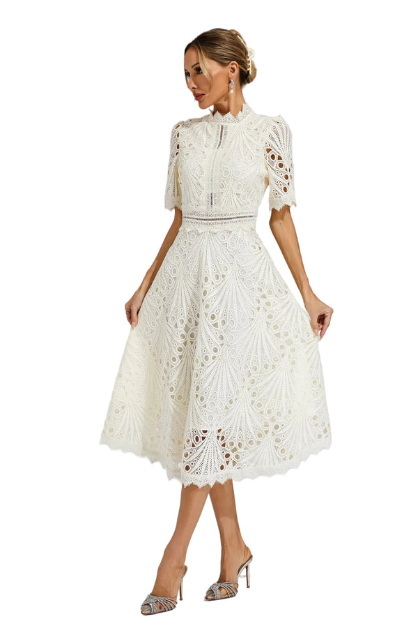 Sukienka midi damska z koronkową strukturą i wysokim kołnierzem-Midi Dress-Olave