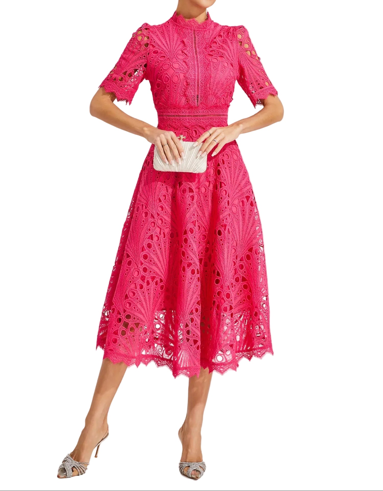 Sukienka midi damska z koronkową strukturą i wysokim kołnierzem-Midi Dress-Olave