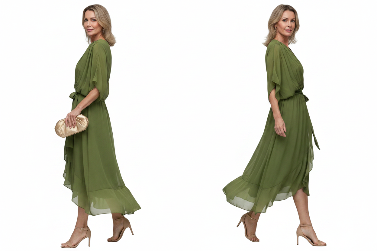 Sukienka Midi z Dekoltem w Serek, Drapowaniem i Wiązaniem w Talii-Midi Dress-Olave