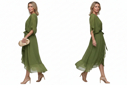 Sukienka Midi z Dekoltem w Serek, Drapowaniem i Wiązaniem w Talii-Midi Dress-Olave