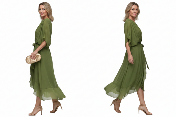 Sukienka Midi z Dekoltem w Serek, Drapowaniem i Wiązaniem w Talii-Midi Dress-Olave