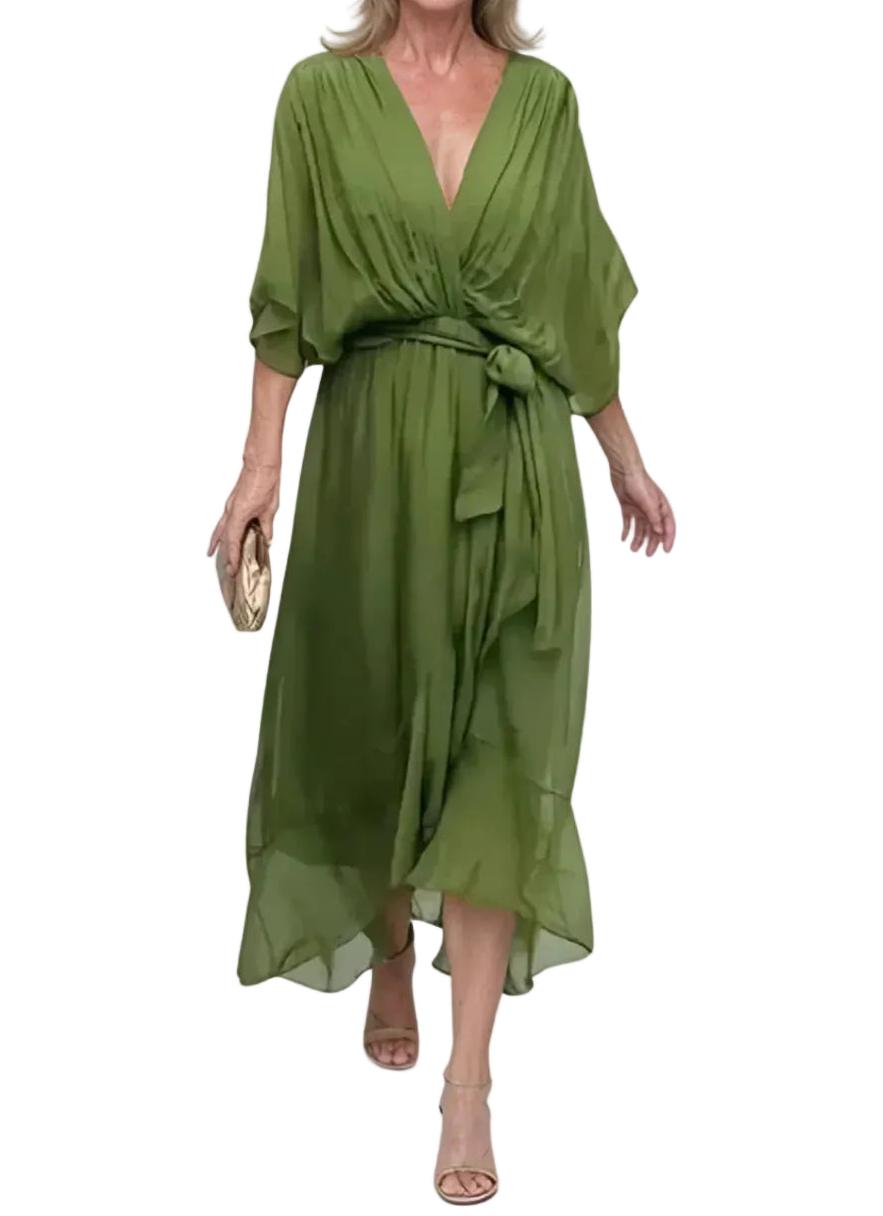 Sukienka Midi z Dekoltem w Serek, Drapowaniem i Wiązaniem w Talii-Midi Dress-Olave