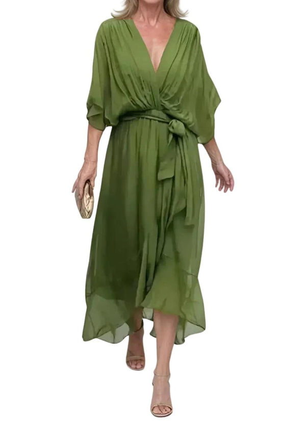 Sukienka Midi z Dekoltem w Serek, Drapowaniem i Wiązaniem w Talii-Midi Dress-Olave