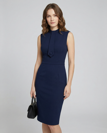 Sukienka ołówkowa damska ze stójką i elementem wiązania-Midi Dress-Olave