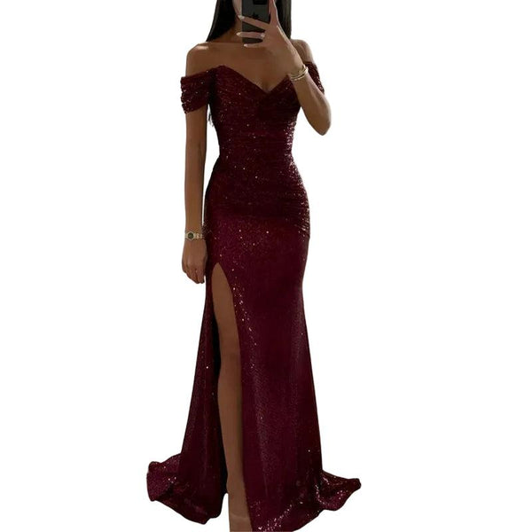 Suknia wieczorowa dla kobiet z odkrytym dekoltem i ozdobą z cekinów-Maxi Dress-Olave