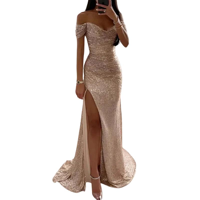 Suknia wieczorowa dla kobiet z odkrytym dekoltem i ozdobą z cekinów-Maxi Dress-Olave