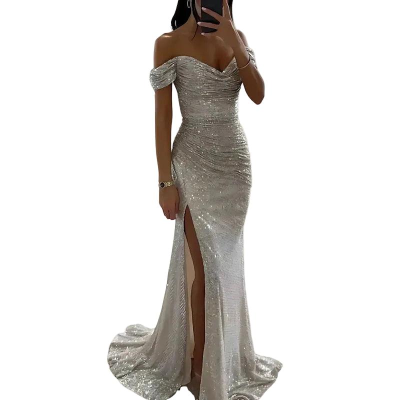 Suknia wieczorowa dla kobiet z odkrytym dekoltem i ozdobą z cekinów-Maxi Dress-Olave
