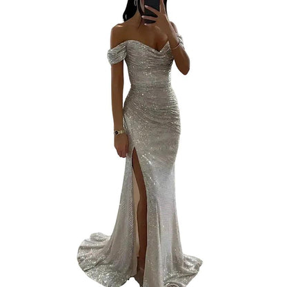 Suknia wieczorowa dla kobiet z odkrytym dekoltem i ozdobą z cekinów-Maxi Dress-Olave