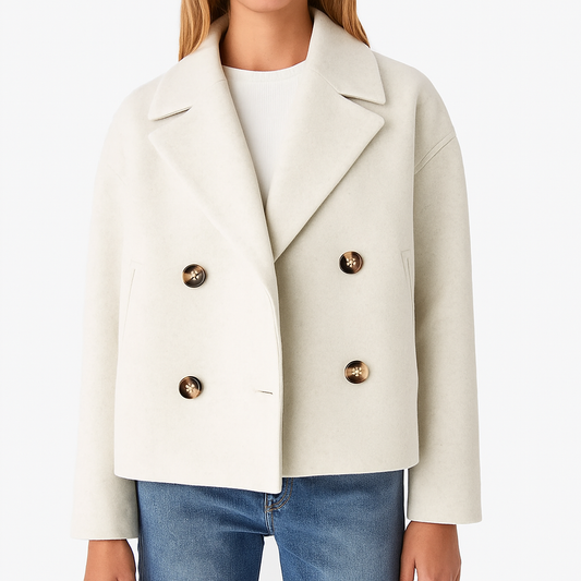 Kurtka Damska Wiktoria – Krótka Elegancka Kurtka Dwurzędowa w Kolorze Beżowym